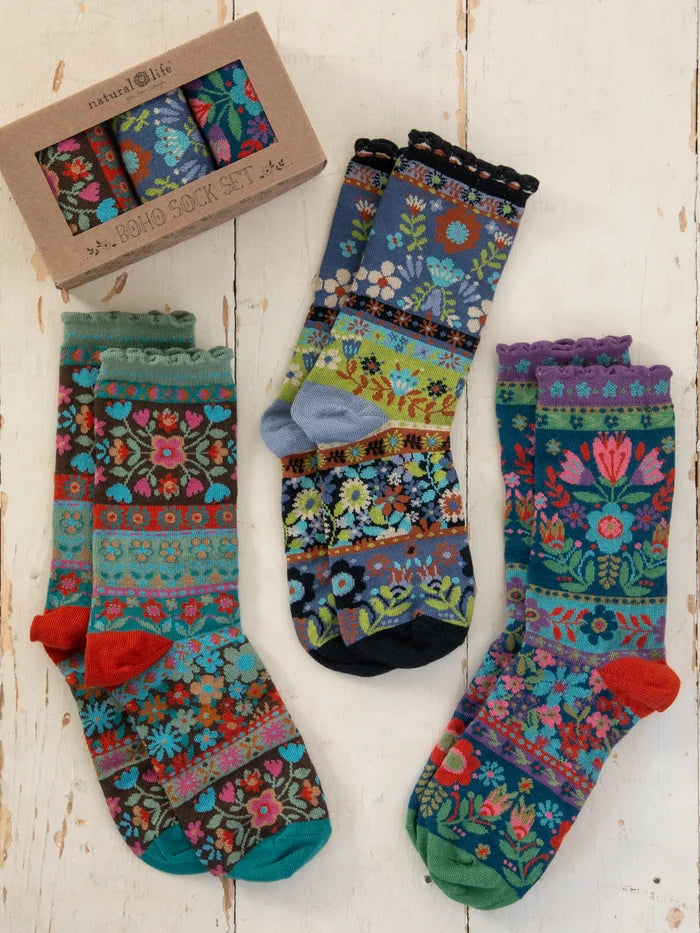 Boho Sock Set, Set of 3 - Blue Floral-view 1
