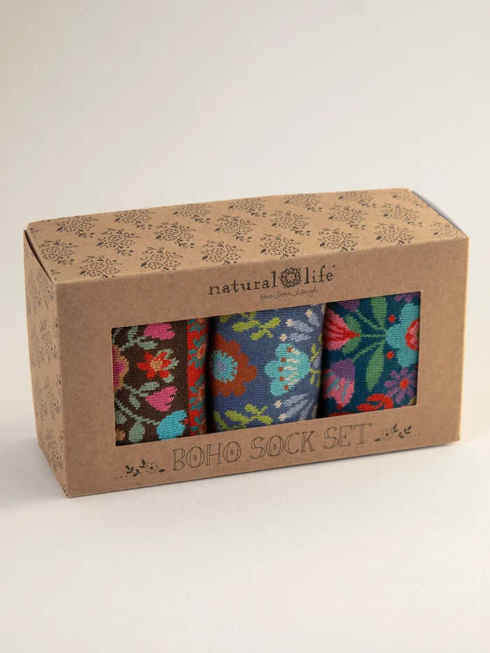 Boho Sock Set, Set of 3 - Blue Floral-view 3