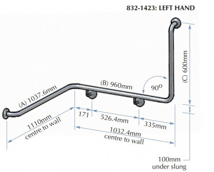 Bradley 832-MB Corner Toilet Grab Rail 90 Degree Right Hand