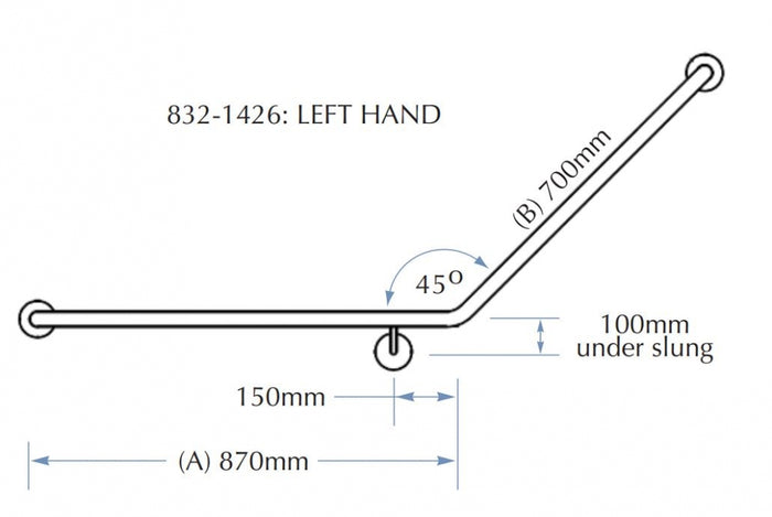 Bradley 832 Toilet Grab Rail 45 Degree Left Hand