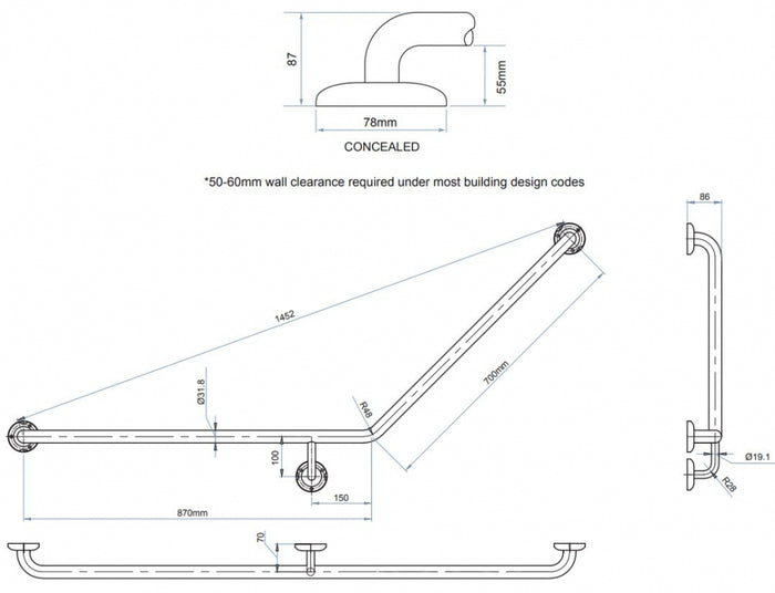 Bradley 832 Toilet Grab Rail 45 Degree Left Hand