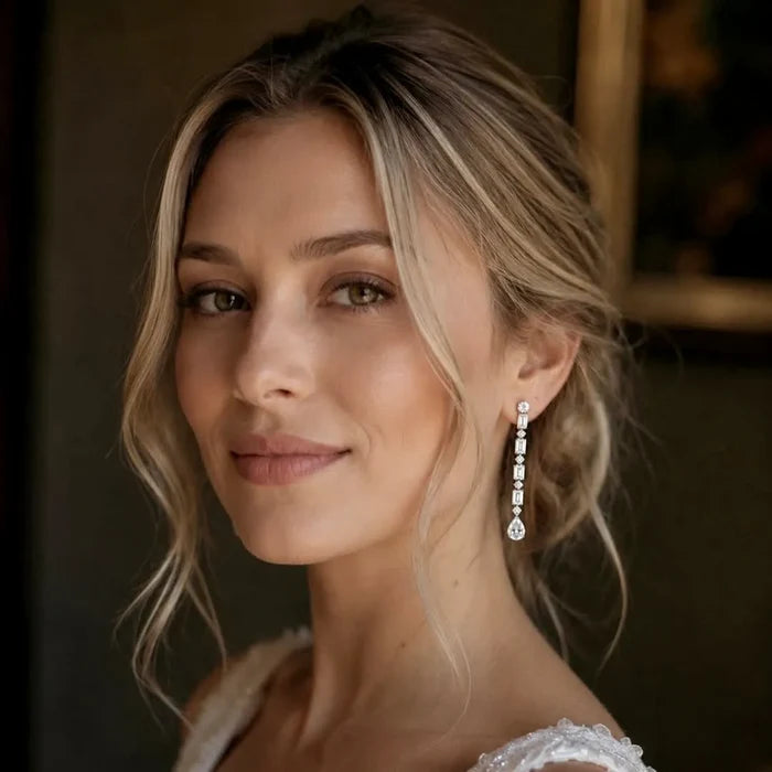 Wedding Jewelry - Silver Cubic Zirconia Bridal Earrings