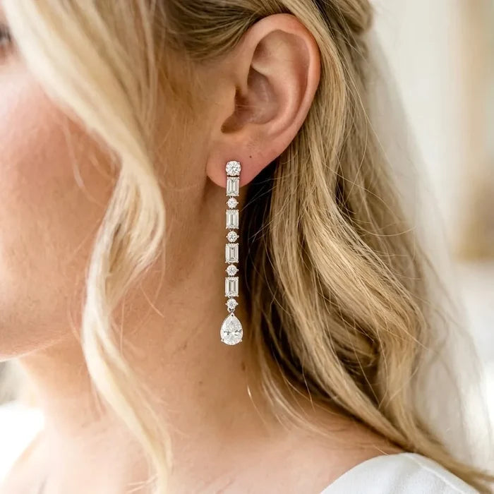 Wedding Jewelry - Silver Cubic Zirconia Bridal Earrings