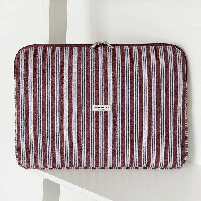 Brown, white and blue striped Laptop Sleeve with silver zip and Coconut Lane logo badge.