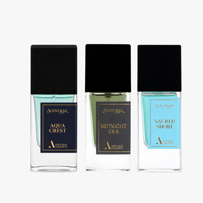 perfume set scentrail - aqua crest, mignight Era, Sacred shore.