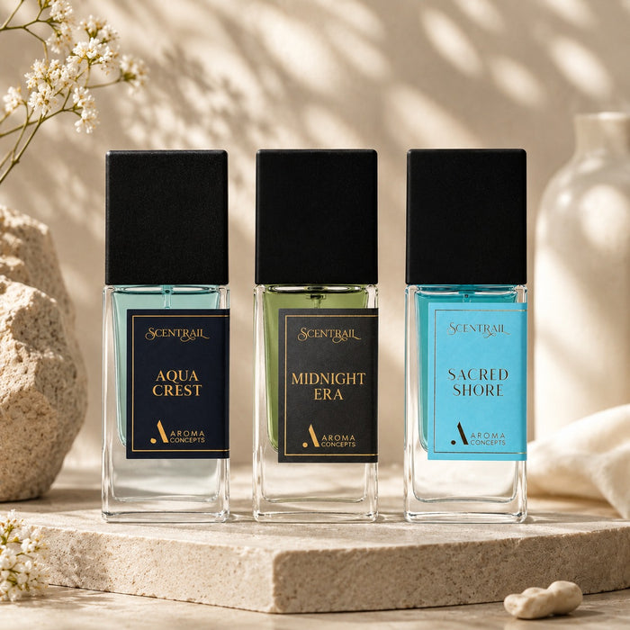 perfume set scentrail - aqua crest, mignight Era, Sacred shore.