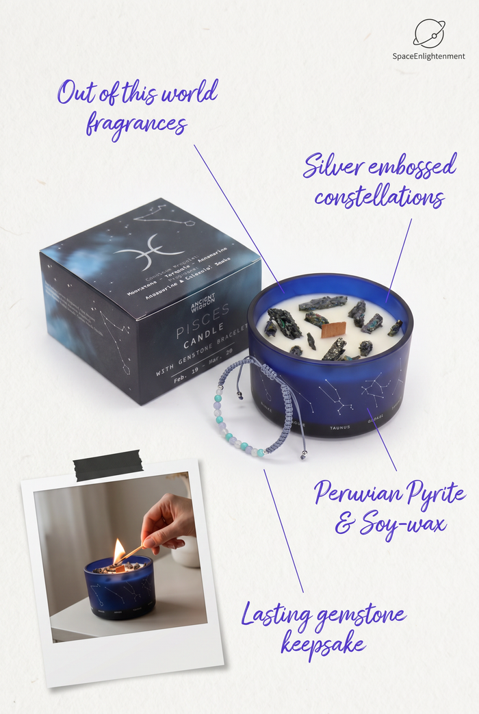 Cancer Zodiac Crystal Candle & Aquamarine, Moonstone Gemstone Bracelet Giftset