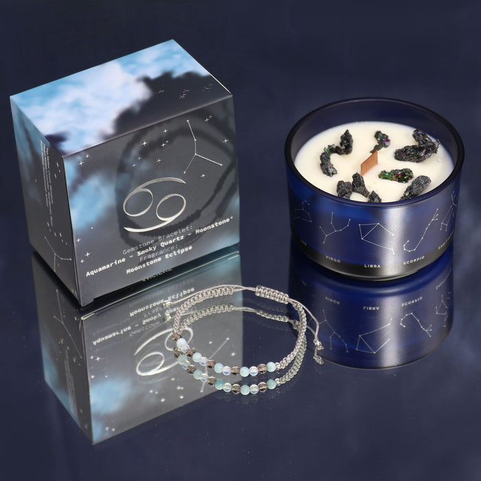 Cancer Zodiac Crystal Candle & Aquamarine, Moonstone Gemstone Bracelet Giftset