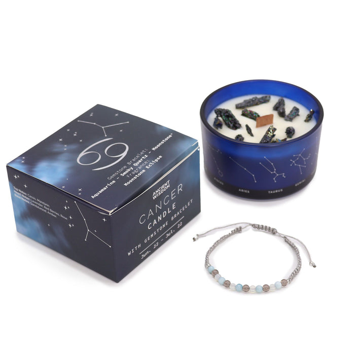 Cancer Zodiac Crystal Candle & Aquamarine, Moonstone Gemstone Bracelet Giftset