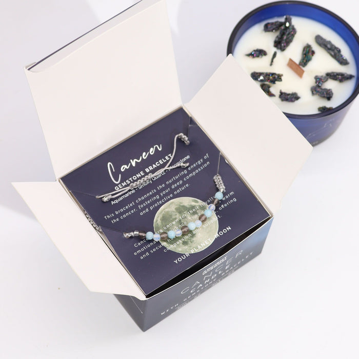 Cancer Zodiac Crystal Candle & Aquamarine, Moonstone Gemstone Bracelet Giftset