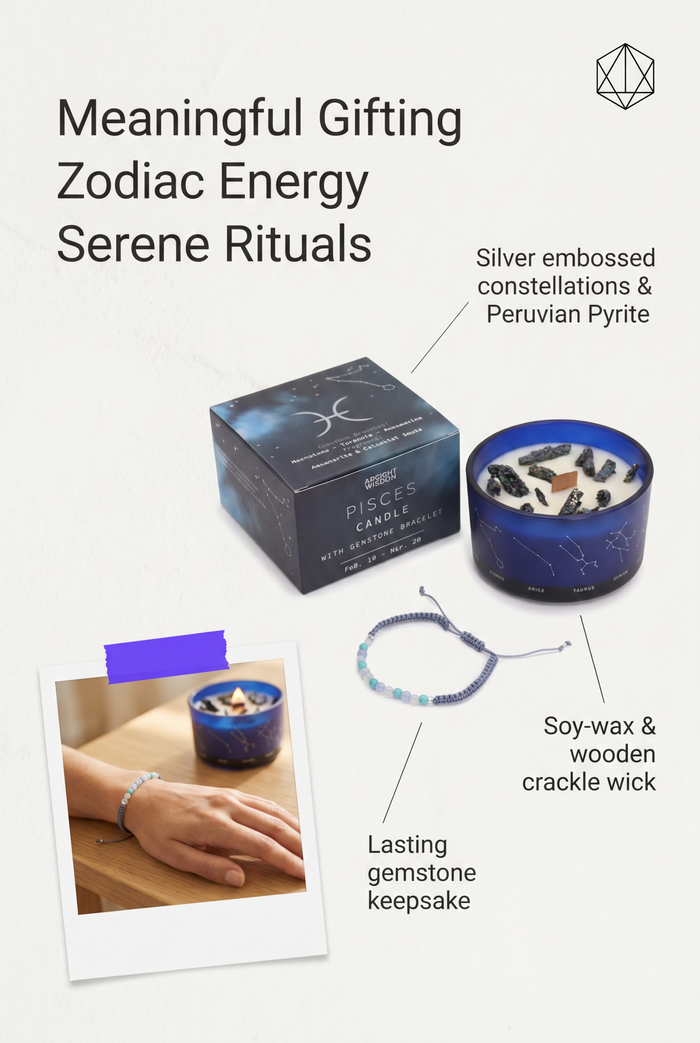 Cancer Zodiac Crystal Candle & Aquamarine, Moonstone Gemstone Bracelet Giftset