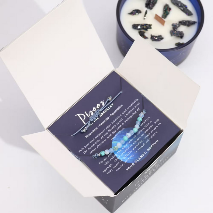 Cancer Zodiac Crystal Candle & Aquamarine, Moonstone Gemstone Bracelet Giftset