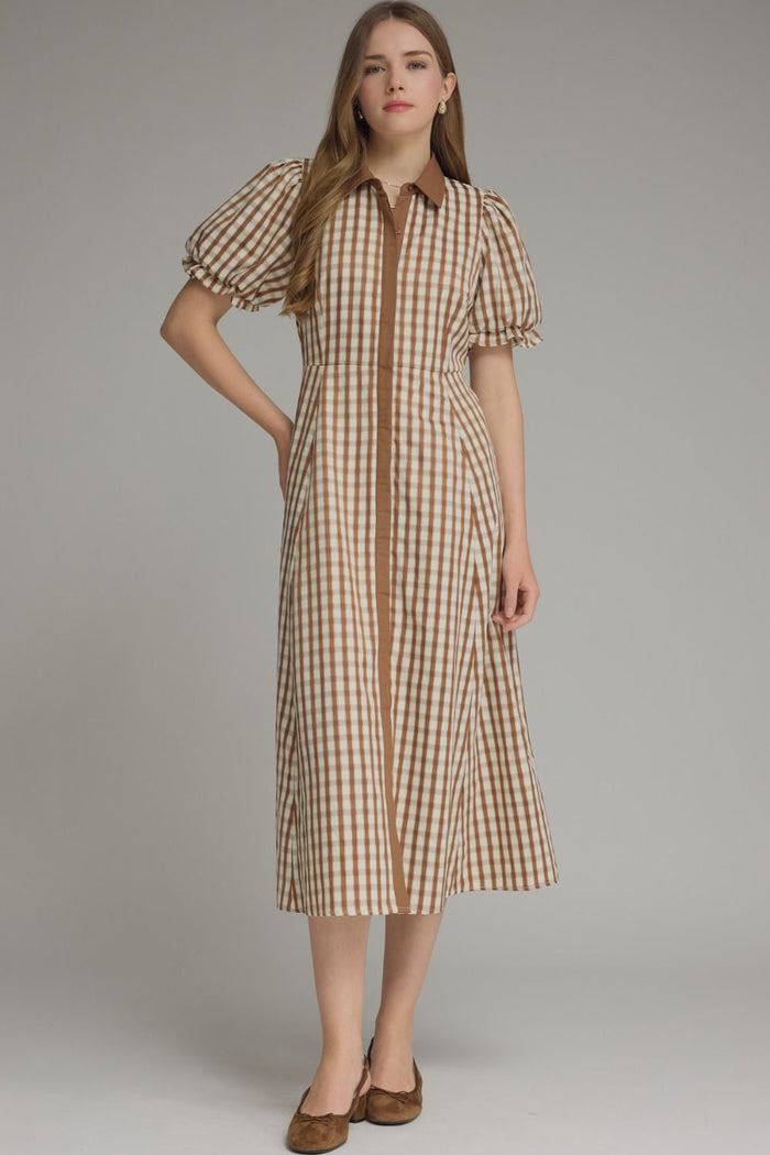 Caramel Gingham Midi Dress 🤎