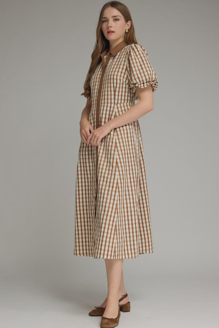 Caramel Gingham Midi Dress 🤎