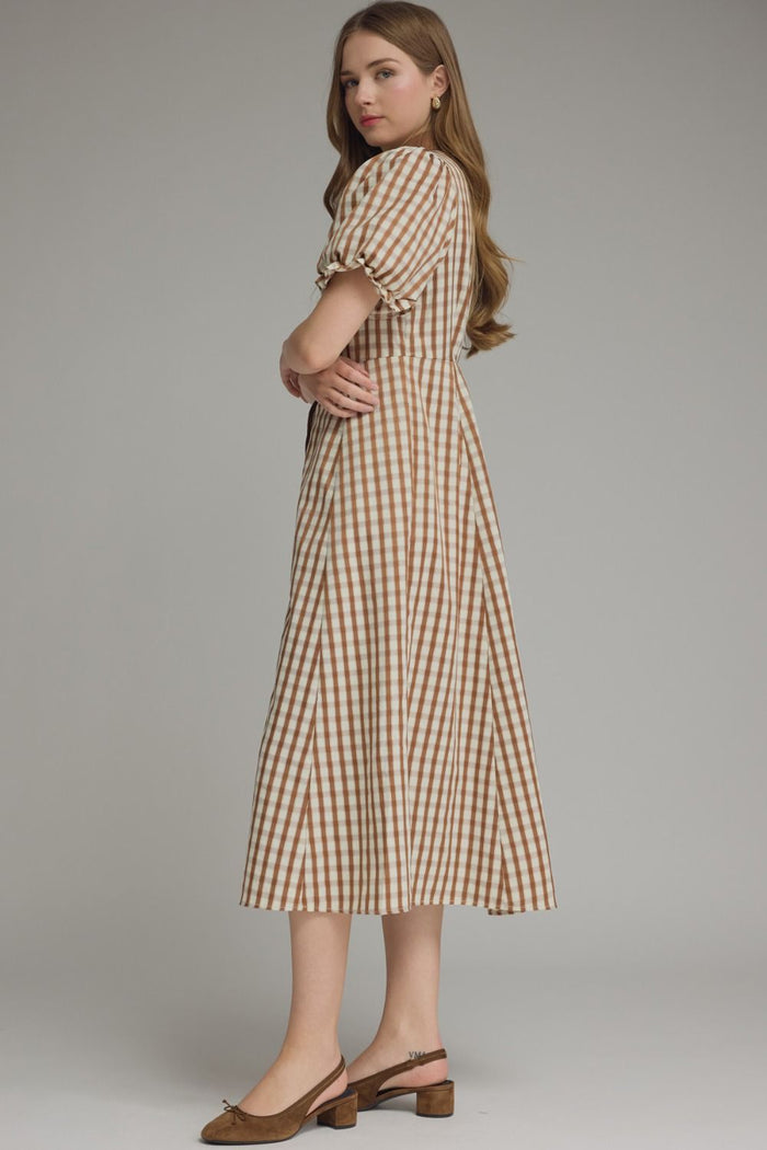 Caramel Gingham Midi Dress 🤎