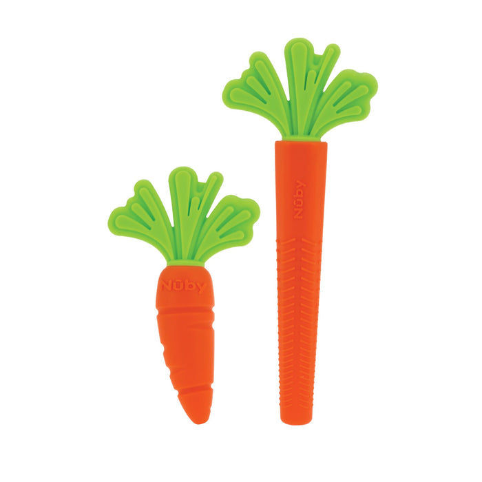 The Nuby Carrot Teether Set (2 Pack) includes one short and one long silicone carrot-shaped teether, both with orange bodies and green tops, perfect for soothing babies during teething.