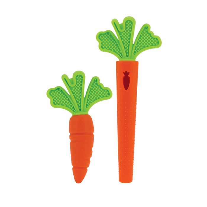 The Nuby Carrot Teether Set (2 Pack) includes two carrot-shaped baby teethers with orange bodies and green tops—one with textured grips and a small carrot icon, the other solid orange—ideal for soothing teething gums.