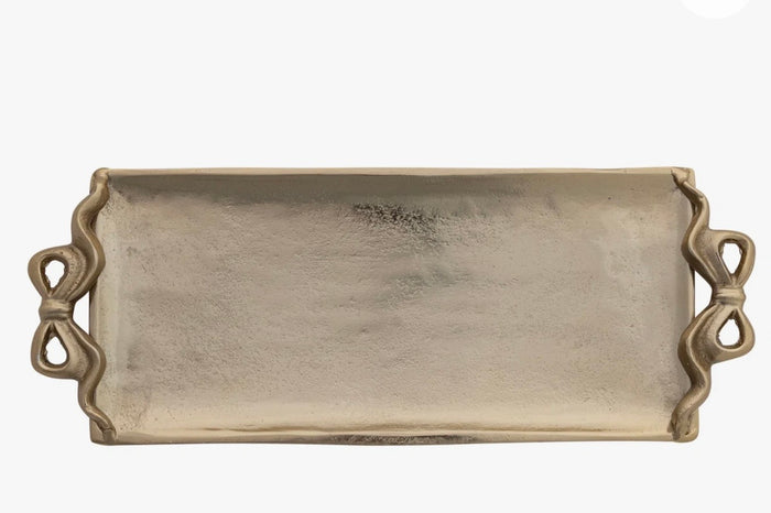 Cast Aluminum Footed Tray w Bow Shaped Handles, Gold Finish