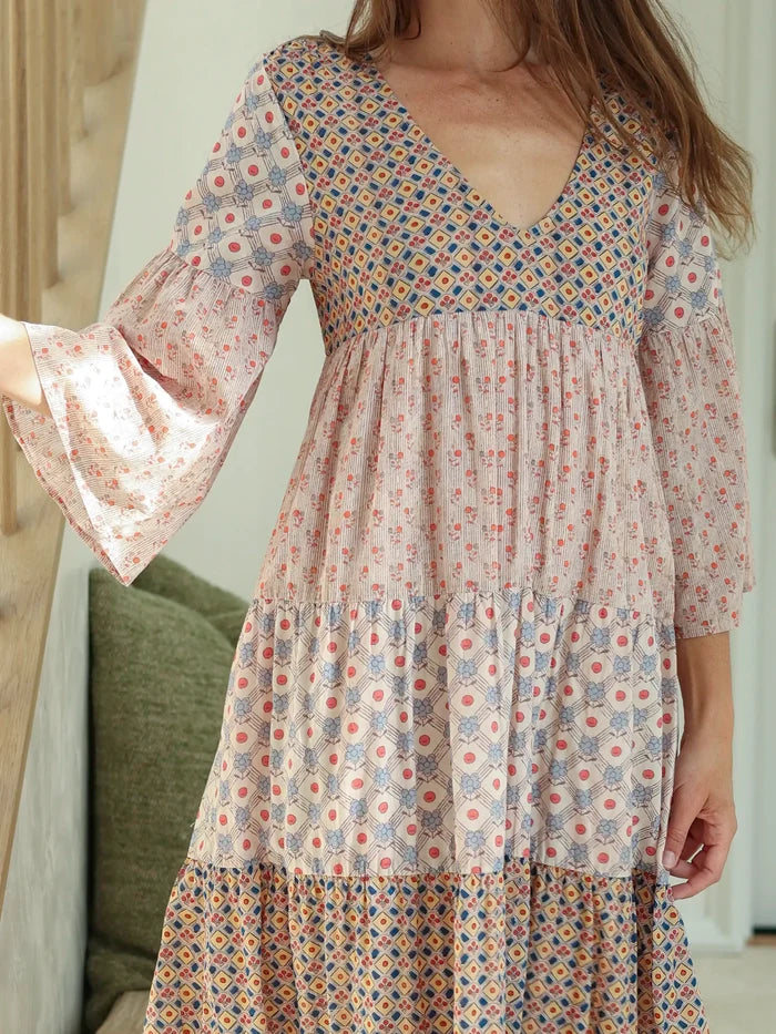 Charlotte Midi Dress - Cream Floral Diamonds Cotton-view 2