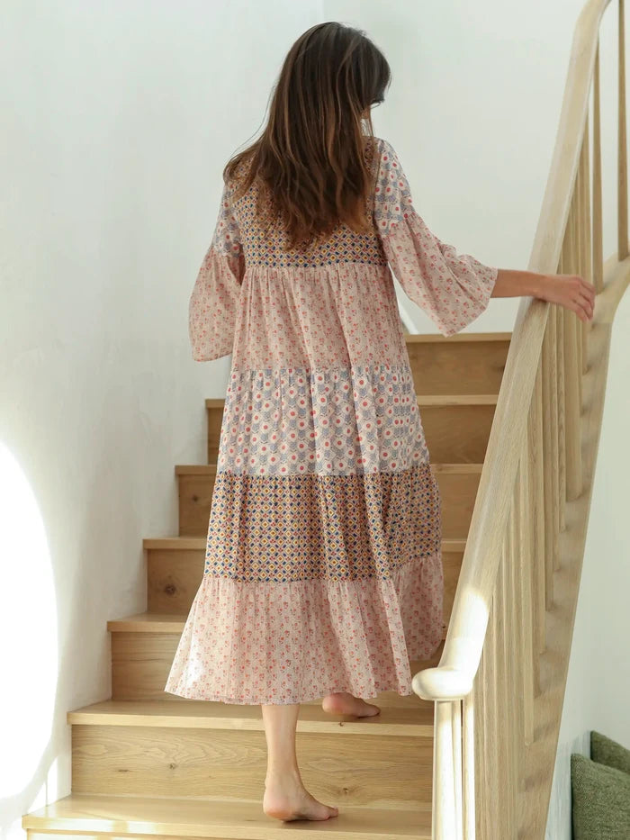 Charlotte Midi Dress - Cream Floral Diamonds Cotton-view 5