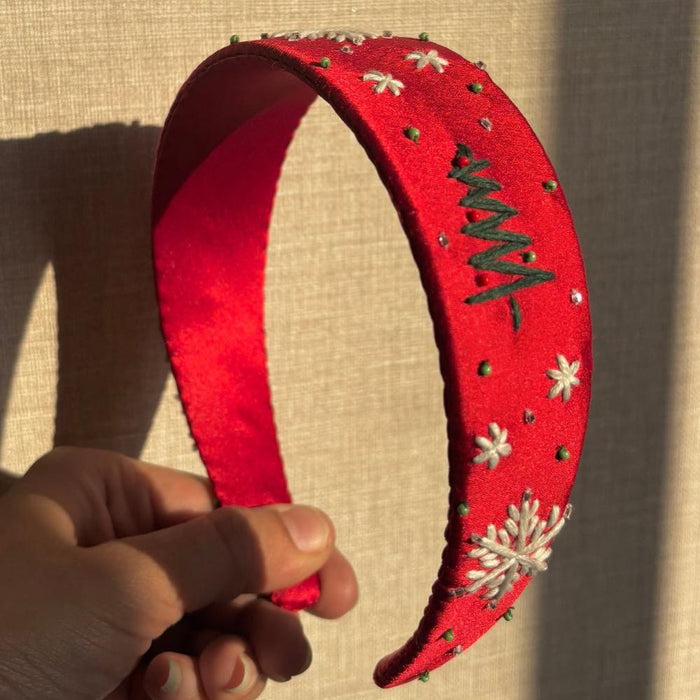 Christmas Silk Satin Flat Headband - Red
