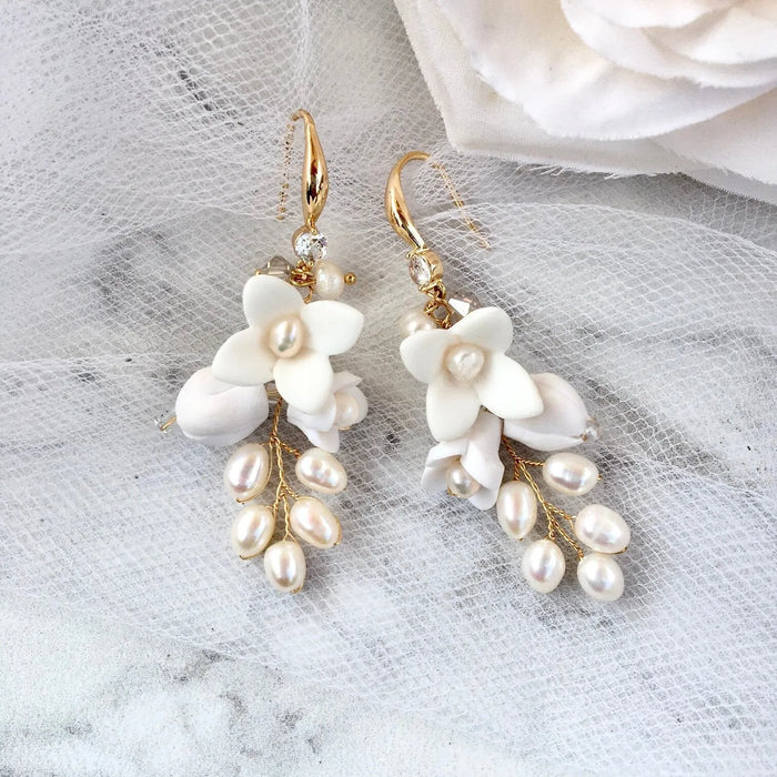 Wedding Hair Accessories - Ceramic Flowers Bridal Earrings - Available in Yellow Gold, Silver and Rose Gold