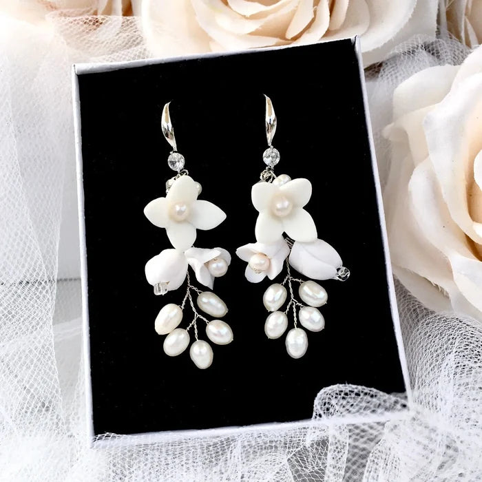 Wedding Hair Accessories - Ceramic Flowers Bridal Earrings - Available in Yellow Gold, Silver and Rose Gold