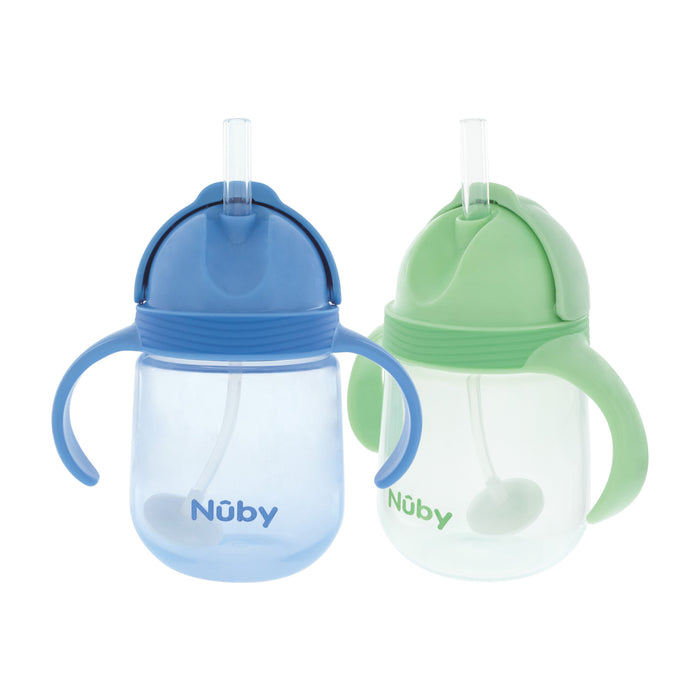 The Nuby Clik-it Flip-It Straw Cup 2 Pack in blue and green features clear bodies, leak-resistant design, easy-grip handles, and attached weighted straws—shown side by side on a white background.