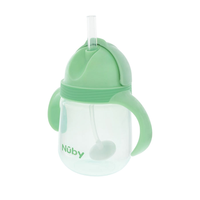 The Nuby Clik-it Flip-It Straw Cup (2 Pack) in Blue/Green features handles and a built-in weighted straw. The domed lid is leak-resistant, making this cup ideal for young children learning to drink on their own.