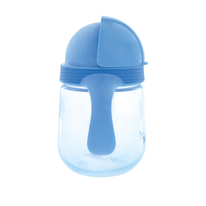 The Nuby Clik-it Flip-It Straw Cup (2 Pack) in Blue/Green features leak-resistant wide-mouth jars with blue silicone lids and matching handles, perfect as a straw trainer cup for little ones.