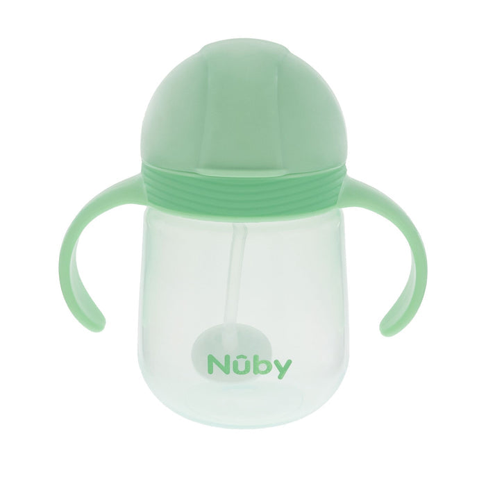 A translucent green Nuby Clik-it Flip-It Straw Cup features two handles, a dome-shaped lid, a built-in weighted straw, and leak-resistant design with the “Nuby” logo on front. Available in a 2 pack (Blue/Green).