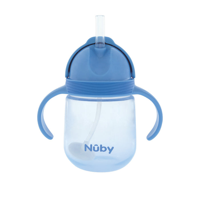 The Nuby Clik-it Flip-It Straw Cup (2 Pack) in Blue/Green features curved handles, a transparent body, and a clear leak-resistant weighted straw in the lid, designed for young children.