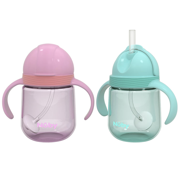 Nuby Clik-it Flip-It Straw Cup 2 Pack in Pink and Aqua: includes leak-resistant cups with handles, one with a closed lid and one with an open lid and weighted straw.