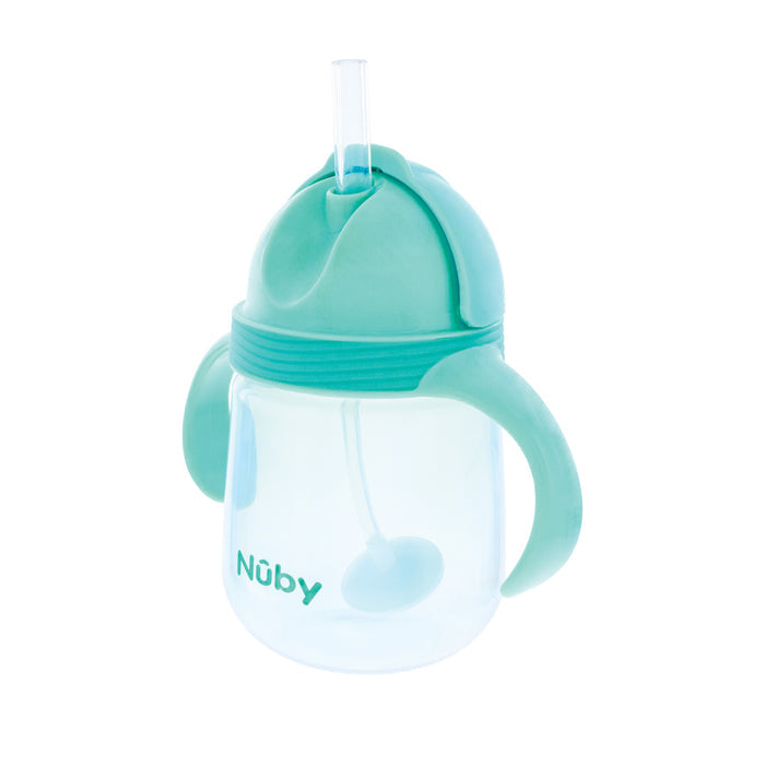 The Nuby Clik-it Flip-It Straw Cup (2 Pack) in Pink/Aqua has a built-in weighted straw, easy-grip handles, and leak-proof lids, making sipping simple for little ones.