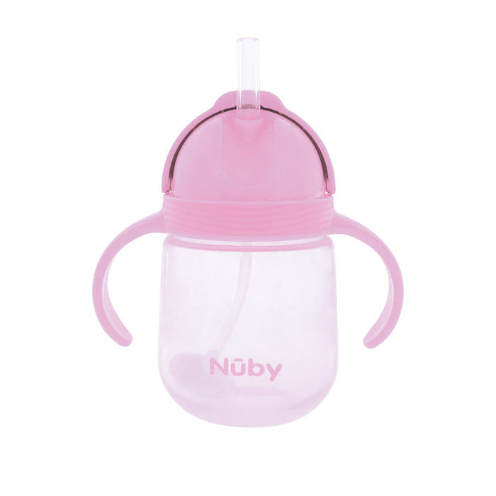 The Nuby Clik-it Flip-It Straw Cup (2 Pack) in Pink/Aqua features leak-resistant straw cups with two handles and a clear body, ideal for toddlers learning to drink independently. The straw flips out from the lid for easy sipping.