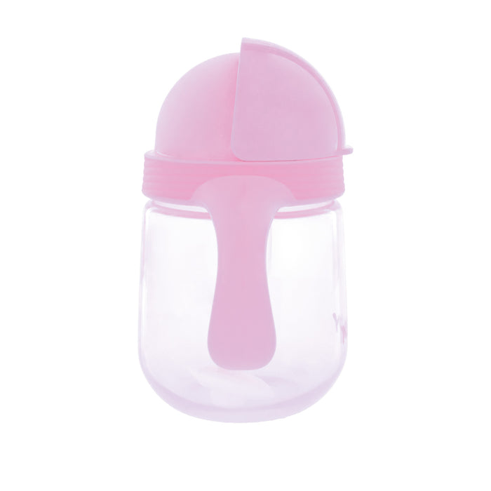 The Nuby Clik-it Flip-It Straw Cup (2 Pack) in Pink/Aqua features a clear plastic design with a pink handle and flip-top lid, plus a weighted straw for easy sipping at any angle—perfect for young children.