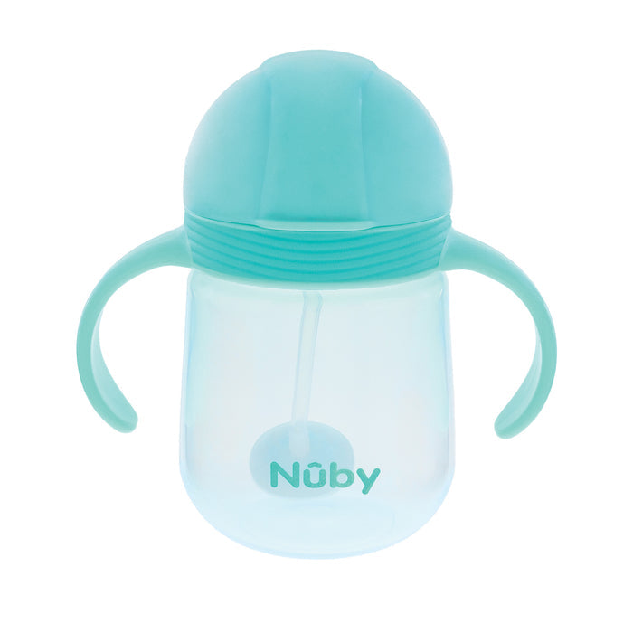 The Nuby Clik-it Flip-It Straw Cup (2 Pack) in Pink/Aqua features side handles, a spill-proof lid, and a weighted straw, making it ideal for young children.