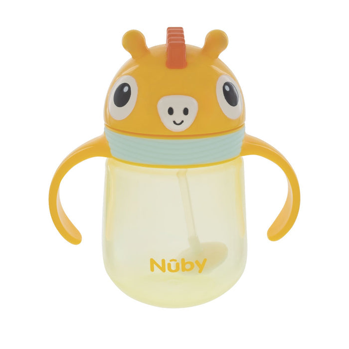 The Nuby Clik-It Silicone Straw Trainer Cup | Giraffe is a yellow, leak-resistant sippy cup with two side handles, a cute animal face lid with big eyes and orange ears, plus a built-in silicone straw.
