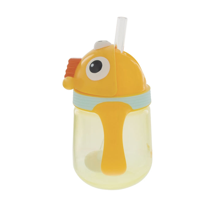 The Nuby Clik-It Silicone Straw Trainer Cup | Giraffe is a leak-resistant yellow sippy cup with a giraffe-shaped lid, featuring a large eye, orange accents, a straw on top, curved yellow handle, and translucent body—perfect for little hands.