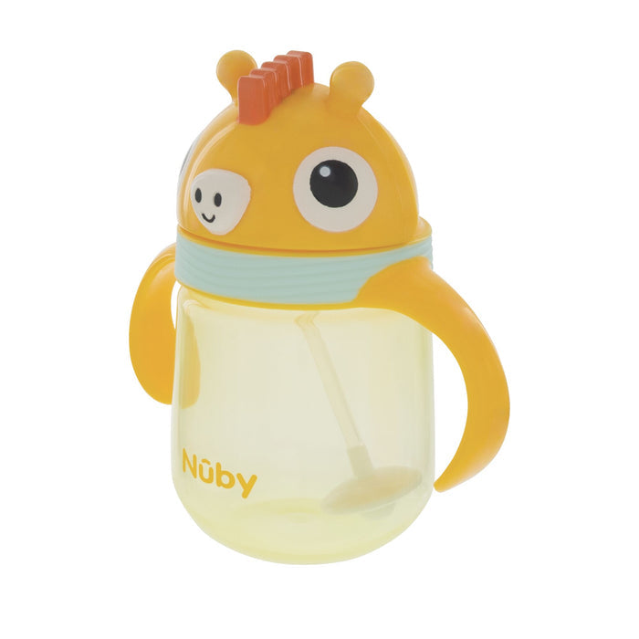 The Nuby Clik-It Silicone Straw Trainer Cup | Giraffe features two handles, a transparent body showing the built-in straw, and a giraffe-shaped lid with a smiling face, orange ears, and a blue band near the top.