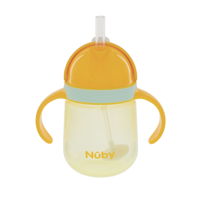 The Nuby Clik-It Silicone Straw Trainer Cup | Giraffe is a yellow and orange sippy cup with dual handles, a light blue grip, and a clear weighted straw. Leak-resistant, it's designed for young children learning to drink independently.