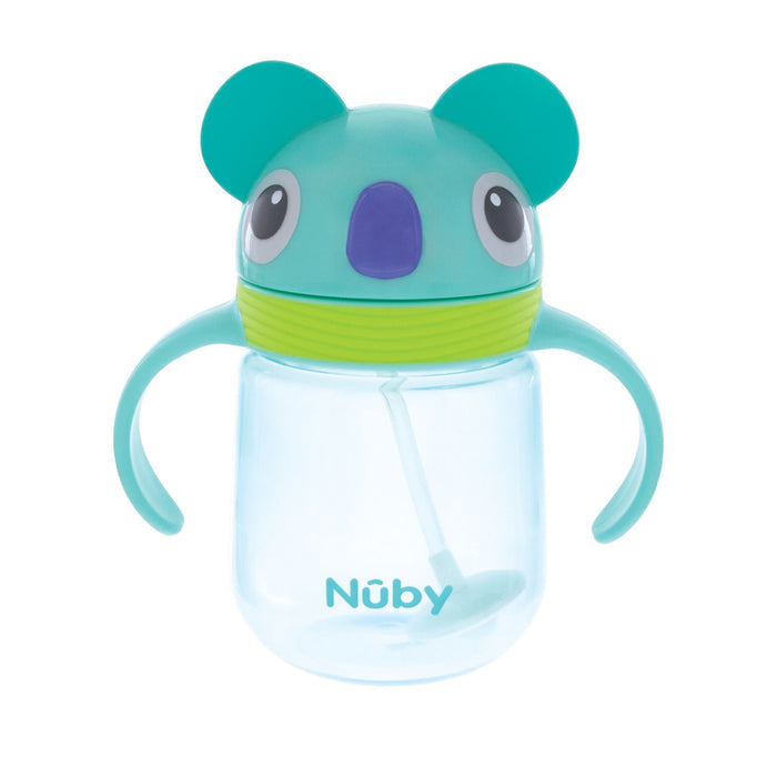 The Nuby Clik-It Silicone Straw Trainer Cup | Koala is a blue and green leak-resistant cup with two handles, a weighted straw, and a lid featuring a koala face design.