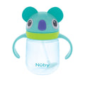 The Nuby Clik-It Silicone Straw Trainer Cup | Koala is a blue and green leak-resistant cup with two handles, a weighted straw, and a lid featuring a koala face design.