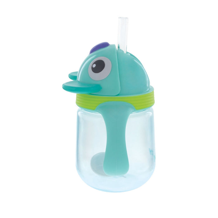 The Nuby Clik-It Silicone Straw Trainer Cup | Koala is a children’s cup with a turquoise lid shaped like a cartoon koala, featuring a big eye, ear, built-in weighted straw, and transparent plastic body.