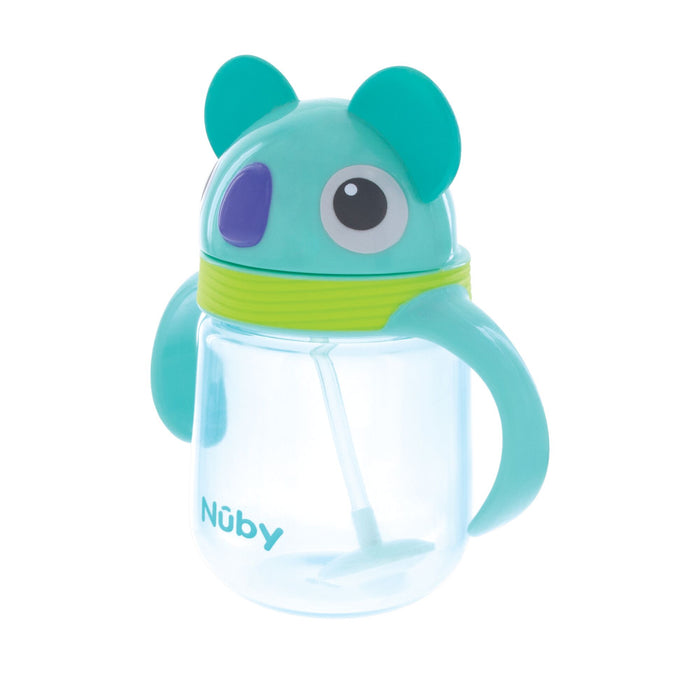 The Nuby Clik-It Silicone Straw Trainer Cup | Koala is a turquoise cup with two handles, a lid shaped like a cartoon koala with ears and big eyes, and a transparent body printed with the Nuby brand name.