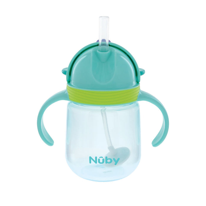 The Nuby Clik-It Silicone Straw Trainer Cup | Koala has a teal body, two handles, a green top band, clear weighted straw, leak-resistant transparent cup, and the Nuby logo.