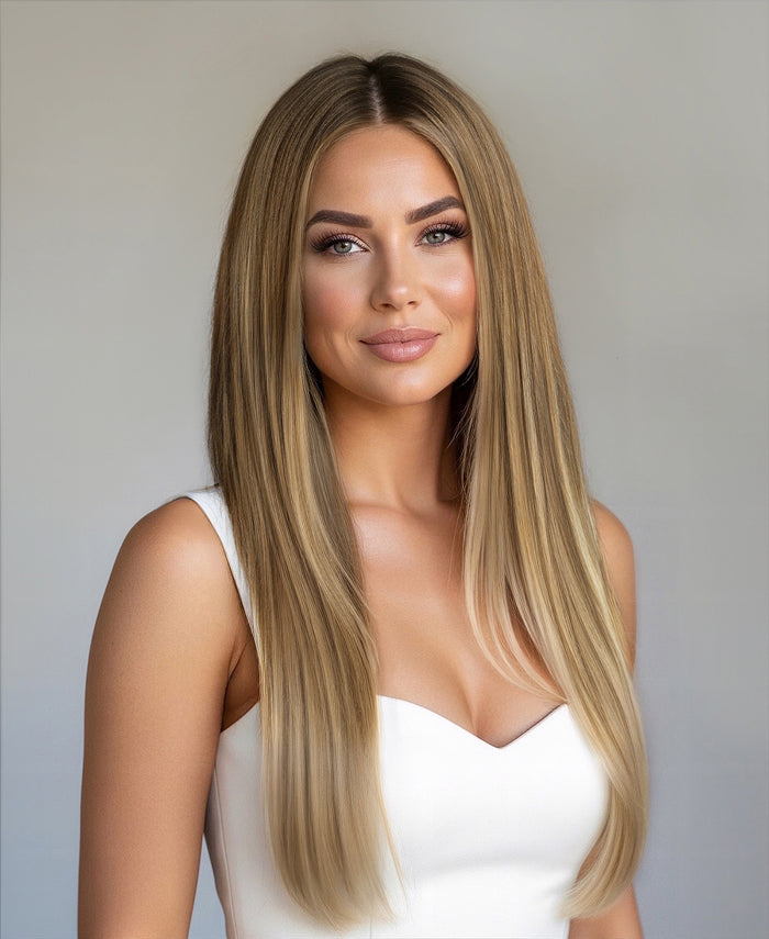 clip-in hair extensions teddy blonde balayage.
