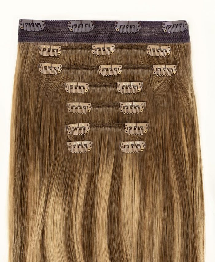 clip-in hair extensions teddy blonde balayage.