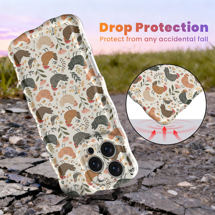 Cluckin' Cute Wavy Luxe MagSafe Case for iPhone â The adorable pattern features a flock of chickens, roosters, and hens pecking among wildflowers, leaves, and botanical elements on a soft cream bac...