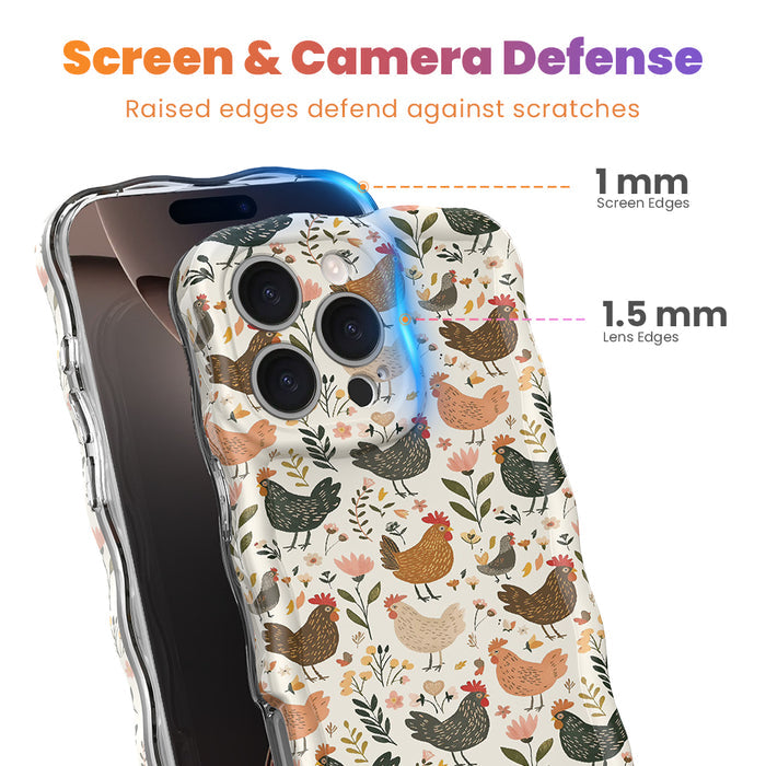 Cluckin' Cute Wavy Luxe MagSafe Case for iPhone â The adorable pattern features a flock of chickens, roosters, and hens pecking among wildflowers, leaves, and botanical elements on a soft cream bac...